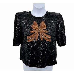 VTG CAROLYNE BARTON NIGHTS BLK SEQUIN TOP GOLD SEQUIN BEAD BOW PURE SILK FORMAL